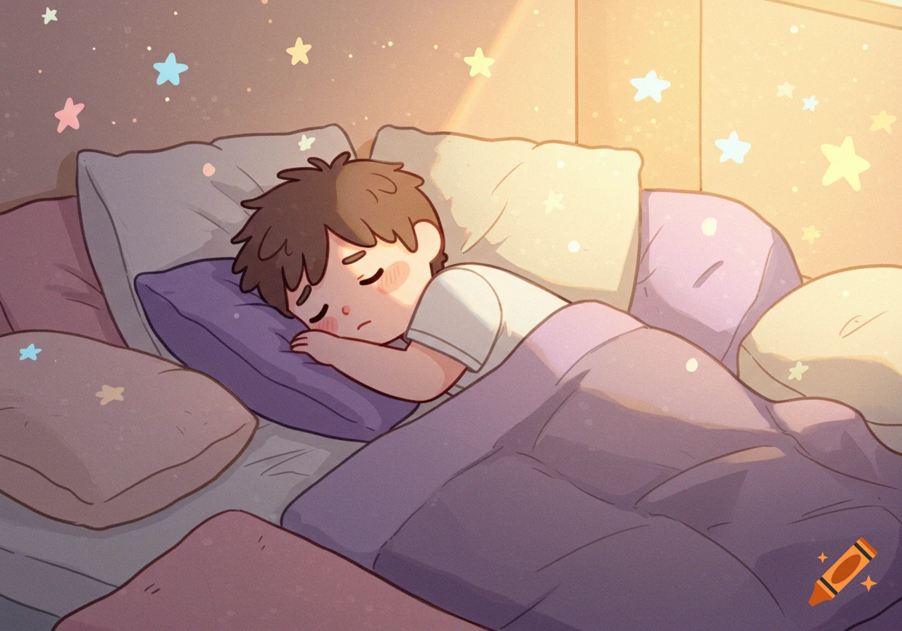 A cute, cartoon child sleeps peacefully in a bed with many pillows and a purple blanket, surrounded by pastel stars.