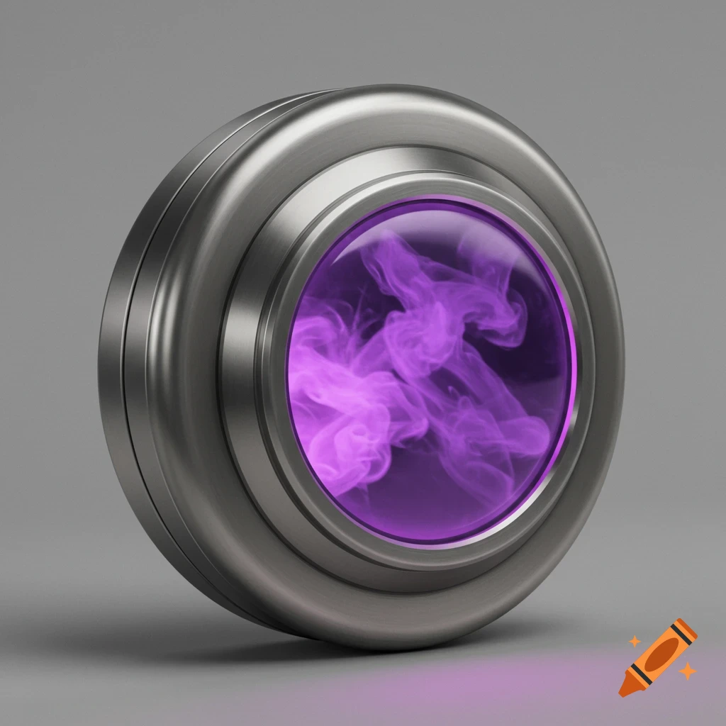Photorealistic silver futuristic canister with a glass window and glowing purple fog, on a grey background.