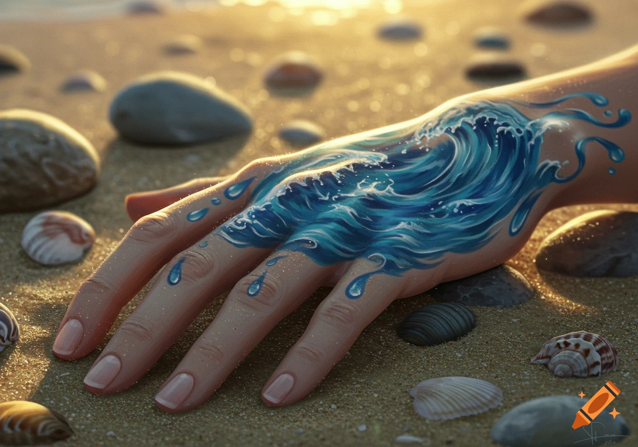 A human hand with a blue wave body art design rests on a golden sandy beach among shells and pebbles.