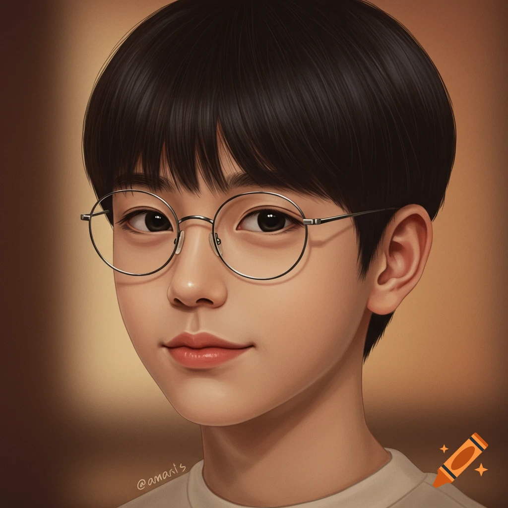Digital painting of a young boy with short dark hair, round glasses, and light skin, looking directly ahead.