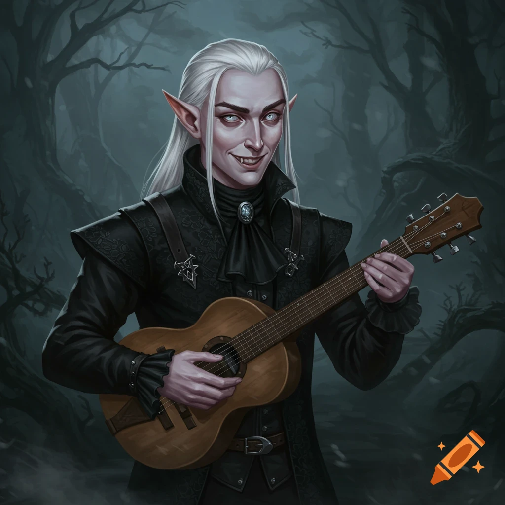 A pale, white-haired elf bard with pointed ears and a mischievous smile plays an acoustic guitar in a dark, misty forest.