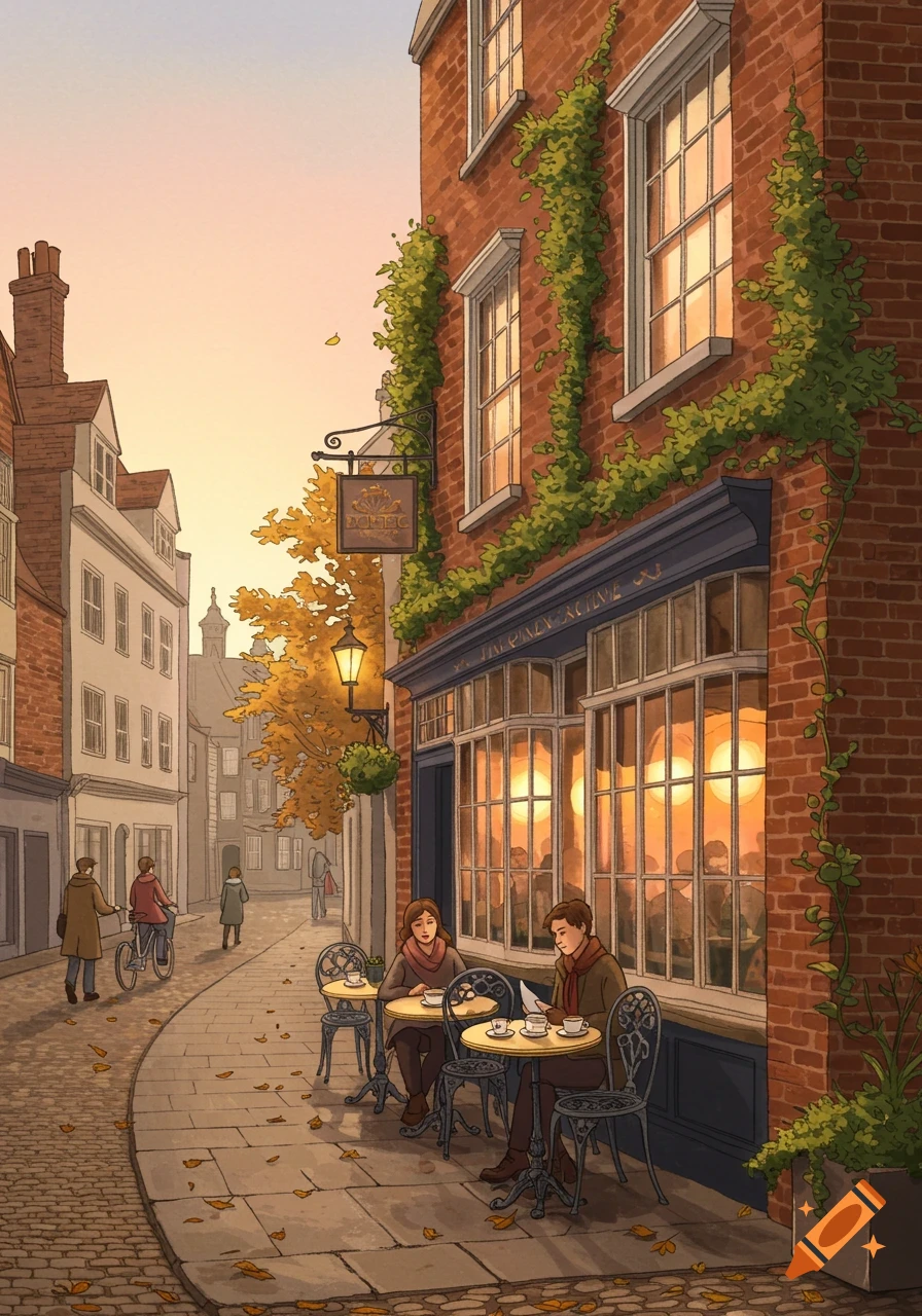 An illustration of people outside a cafe on a charming, ivy-covered street during sunset in autumn.