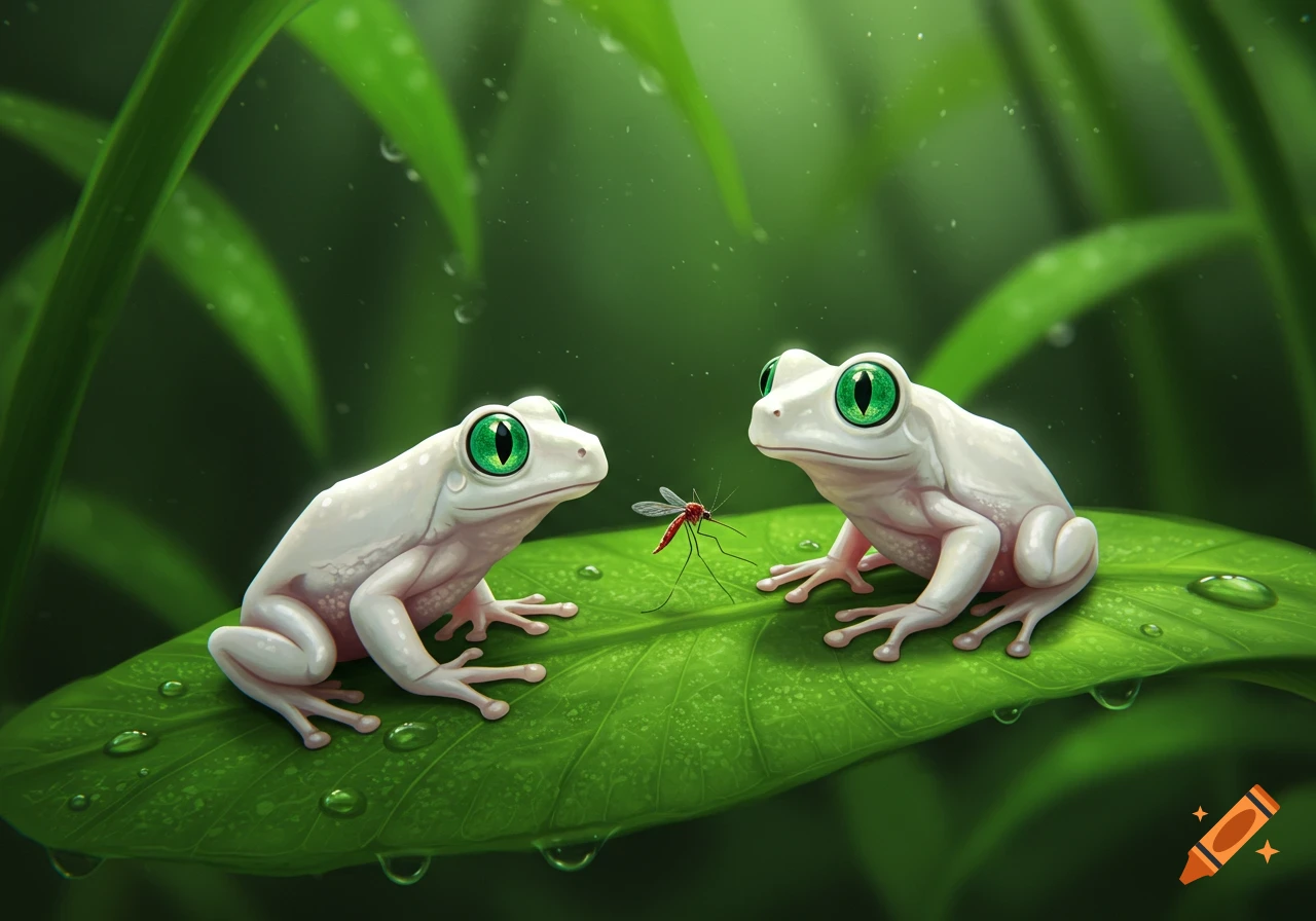 Two white frogs with bright green eyes stare at a mosquito on a dewy green leaf, with a blurred green background.