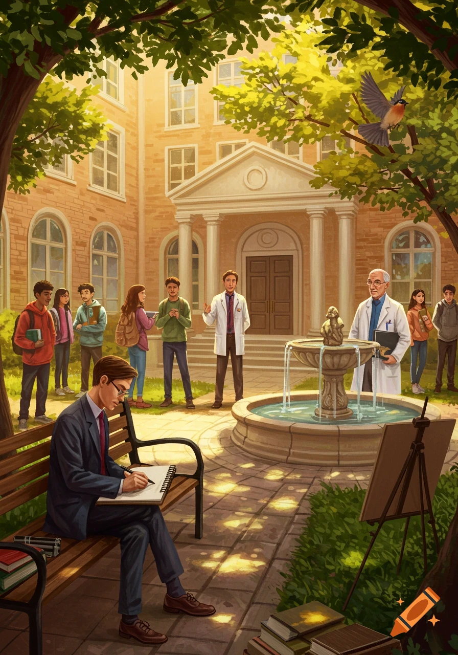 An illustration of a bustling university courtyard with students, professors, a fountain, and a bird flying overhead.