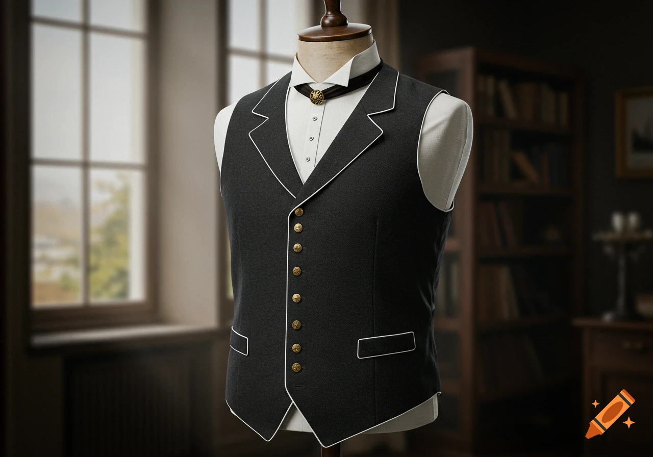 A dark waistcoat with white piping and gold buttons displayed on a mannequin in a blurred room.