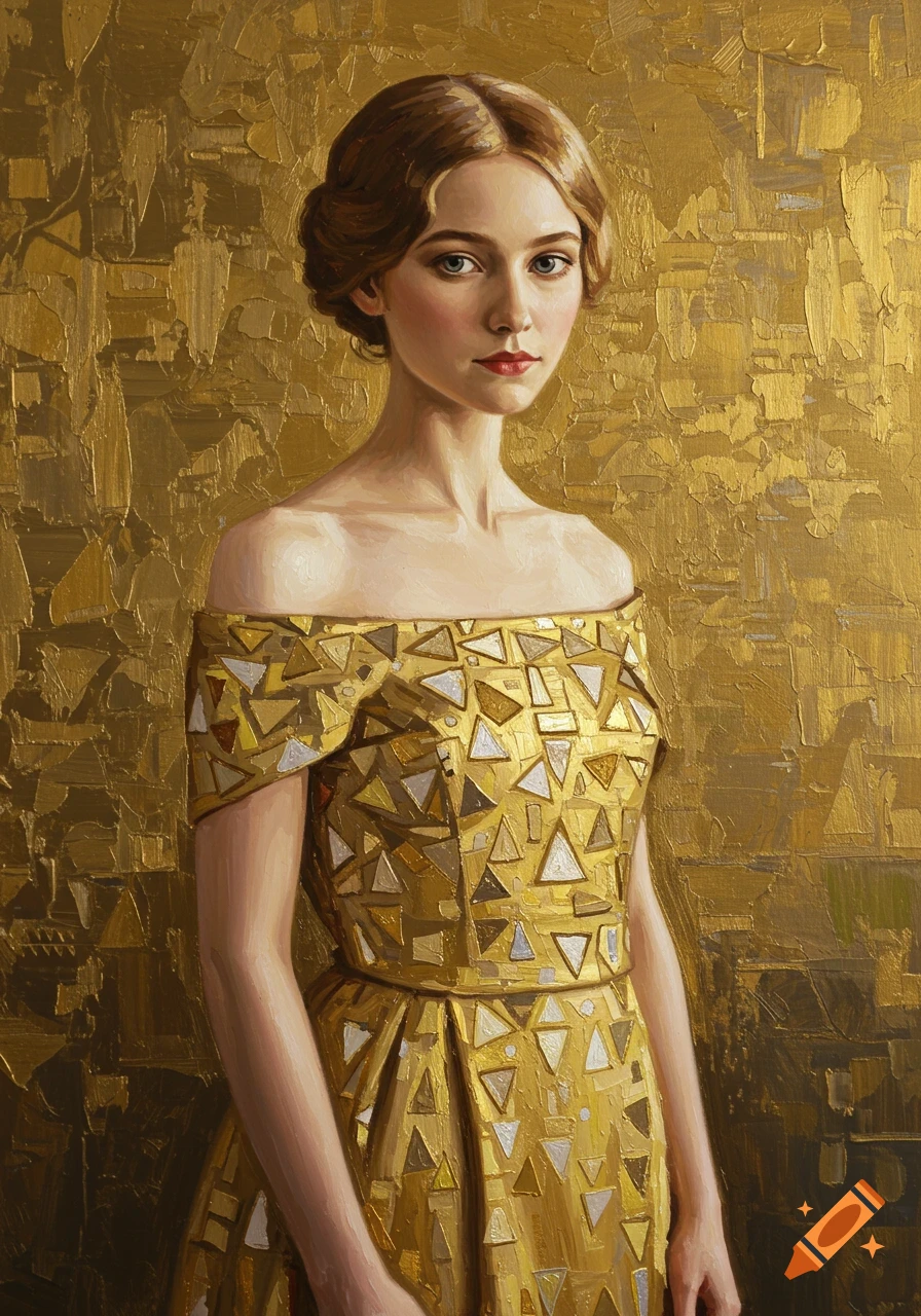 Oil painting of a young woman in a golden off-the-shoulder dress with geometric patterns, against a textured golden background.