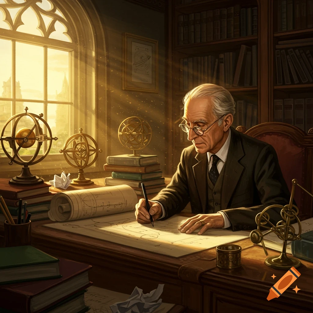 An old man in a suit and glasses drawing at a desk in a richly lit vintage study with astronomical models and books.