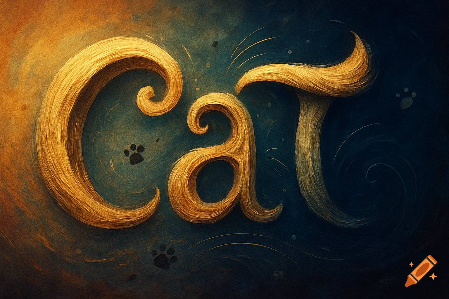 Stylized golden furry text spelling "Cat" with paw prints on a dark teal and orange swirling background.