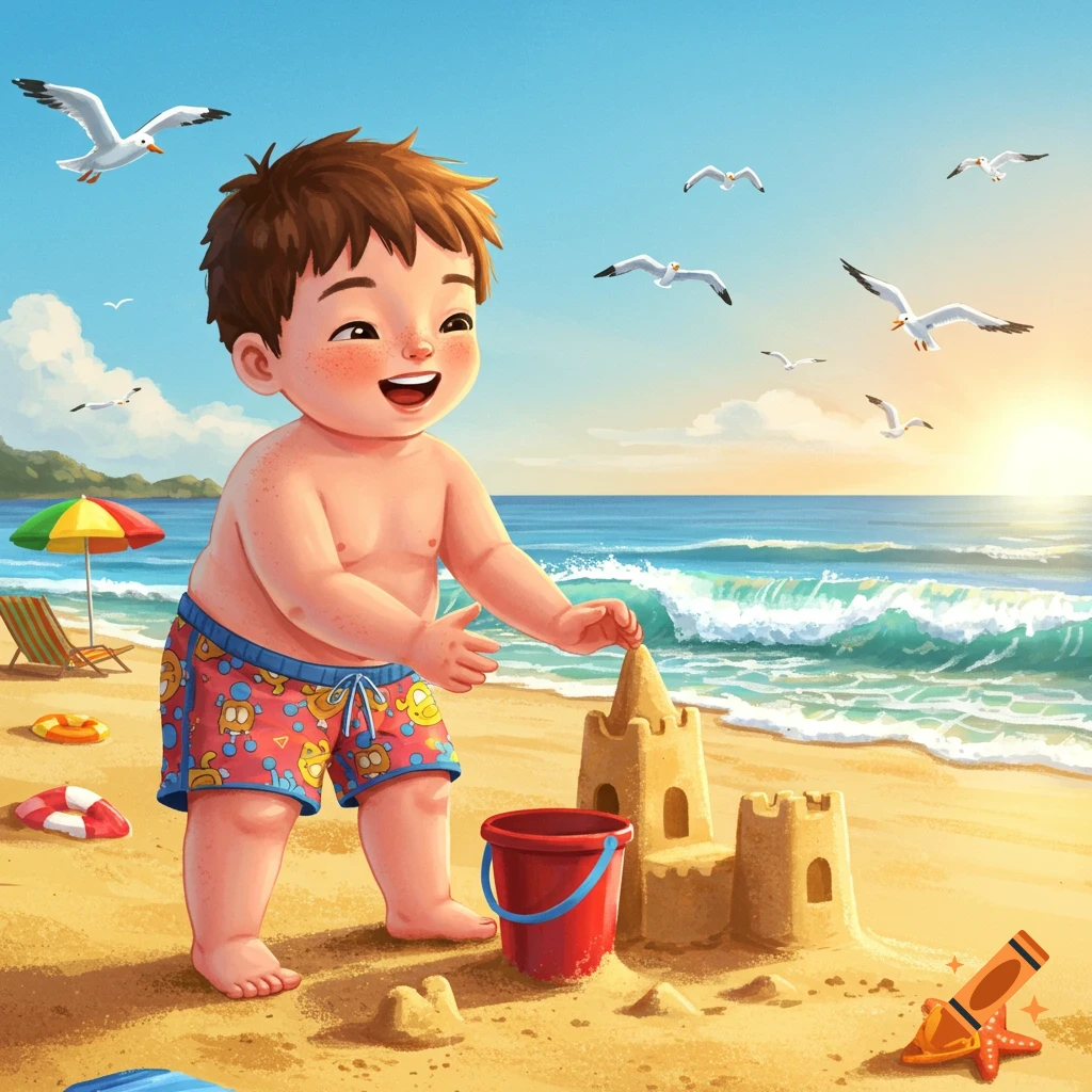 A happy cartoon boy in swim shorts builds a sandcastle on a sunny beach, with seagulls flying over the ocean.
