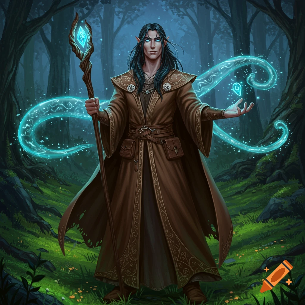 A male elf wizard with black hair and blue eyes, wearing brown robes, casts a glowing blue spell in a dark fantasy forest.