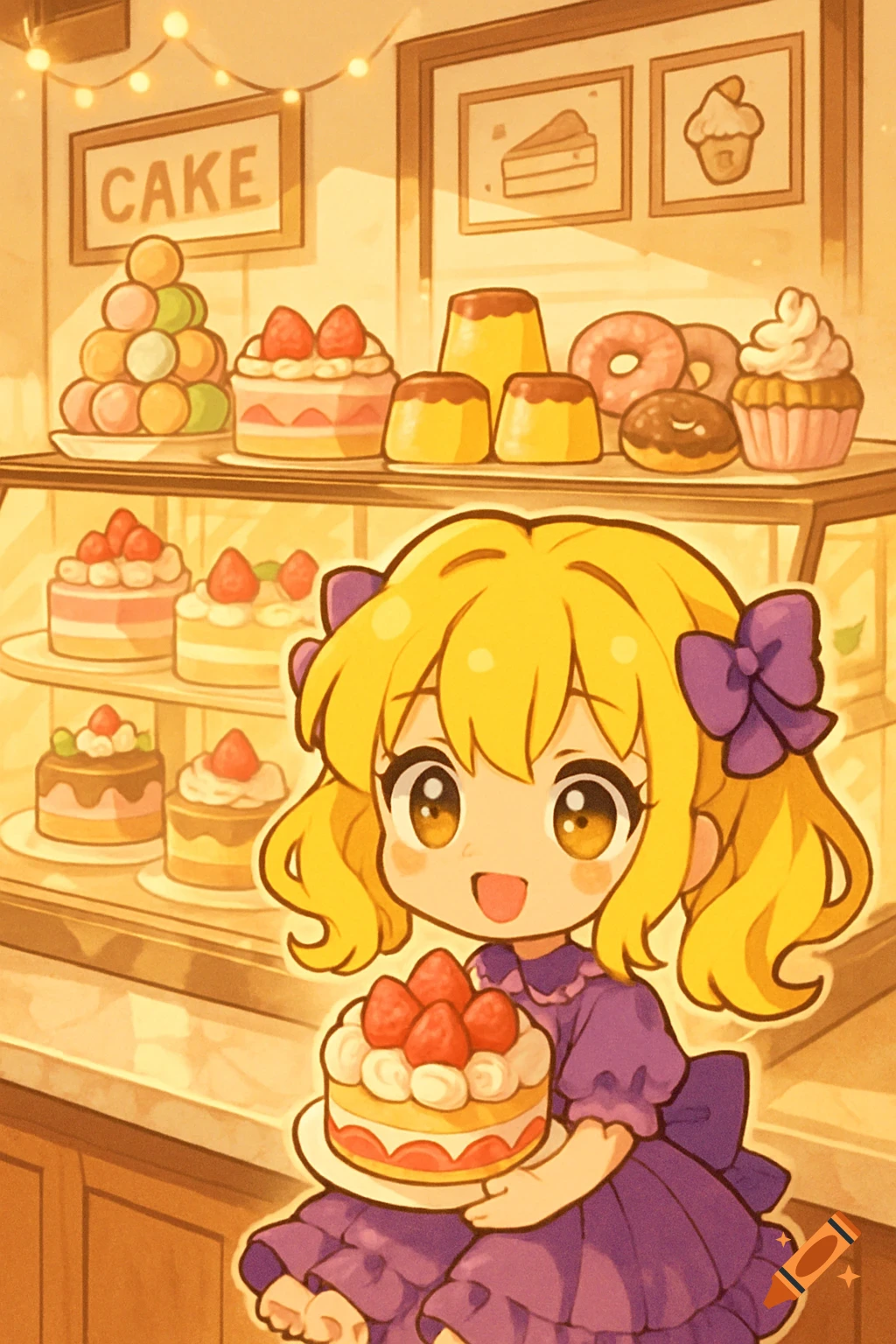 Vibrant chibi girl in a purple dress holds a strawberry cake in a brightly lit dessert shop with various pastries.