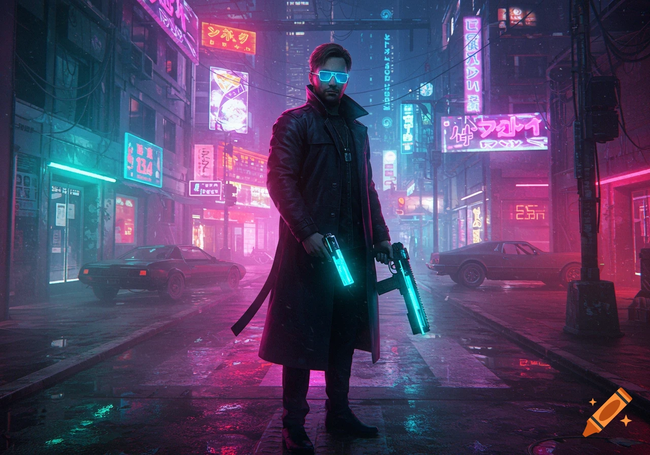 A man in a trench coat and glowing blue glasses holds two neon blue laser guns in a vibrant, rainy cyberpunk city street filled with glowing signs.