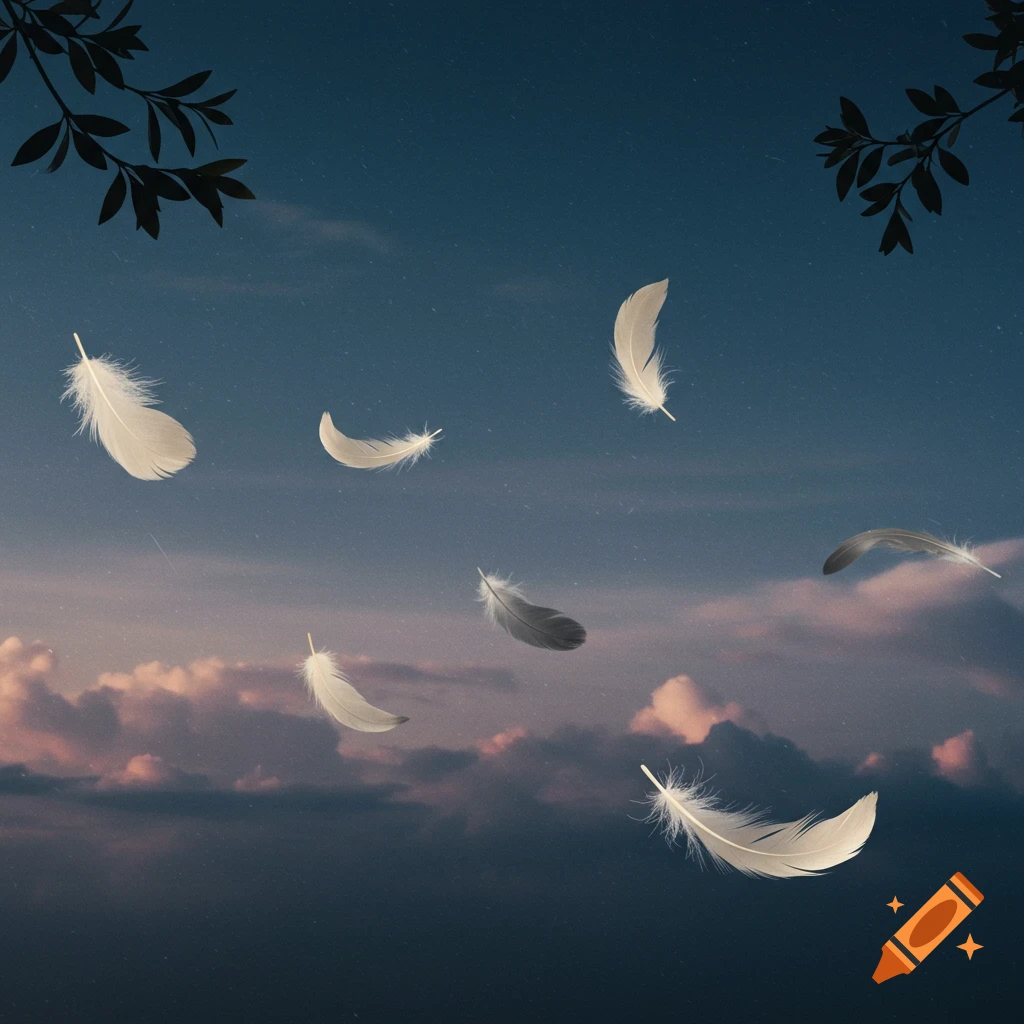 Cream and gray feathers float in a dark blue night sky with misty clouds and subtle tree branches.