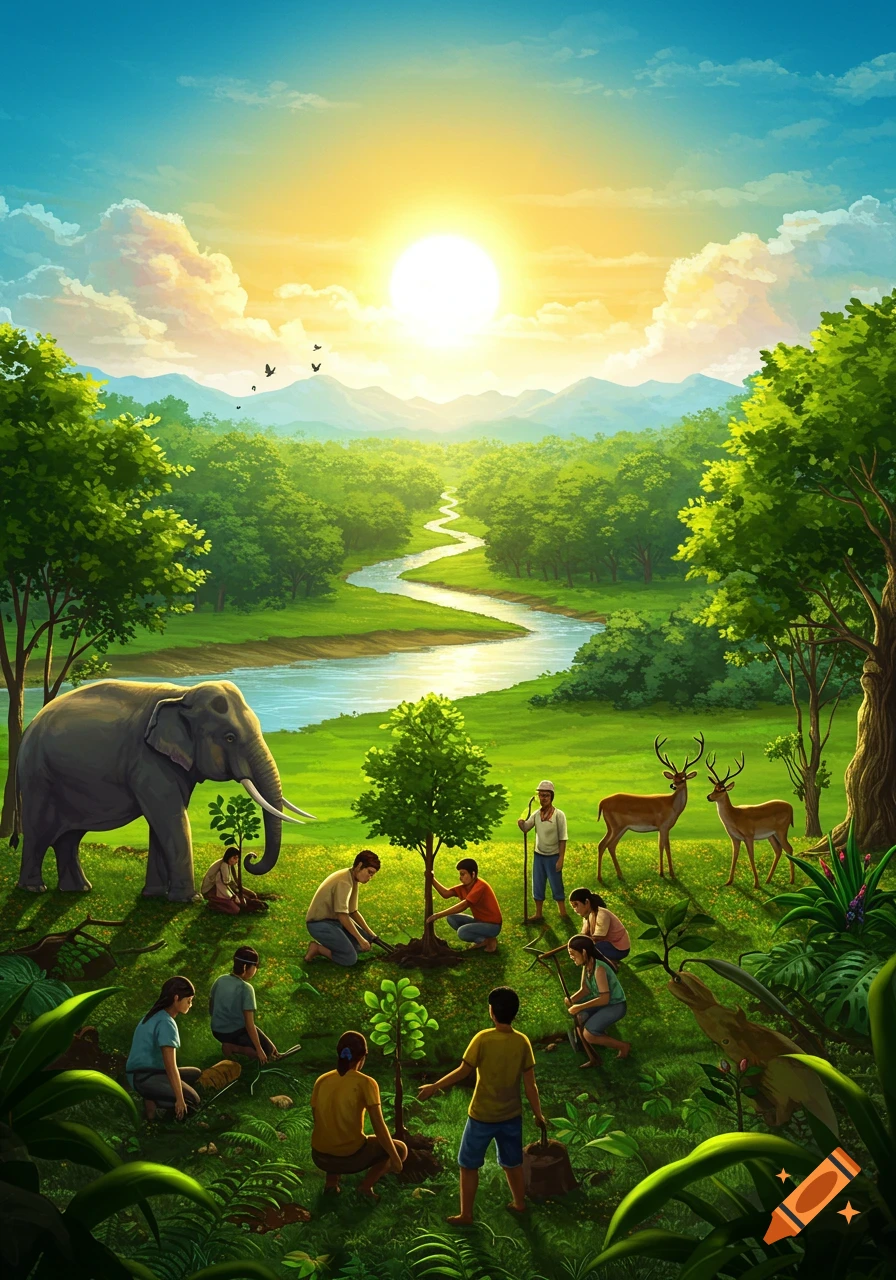 Illustrated scene of people planting trees in a vibrant valley with an elephant, deer, a river, and mountains under a bright sky.