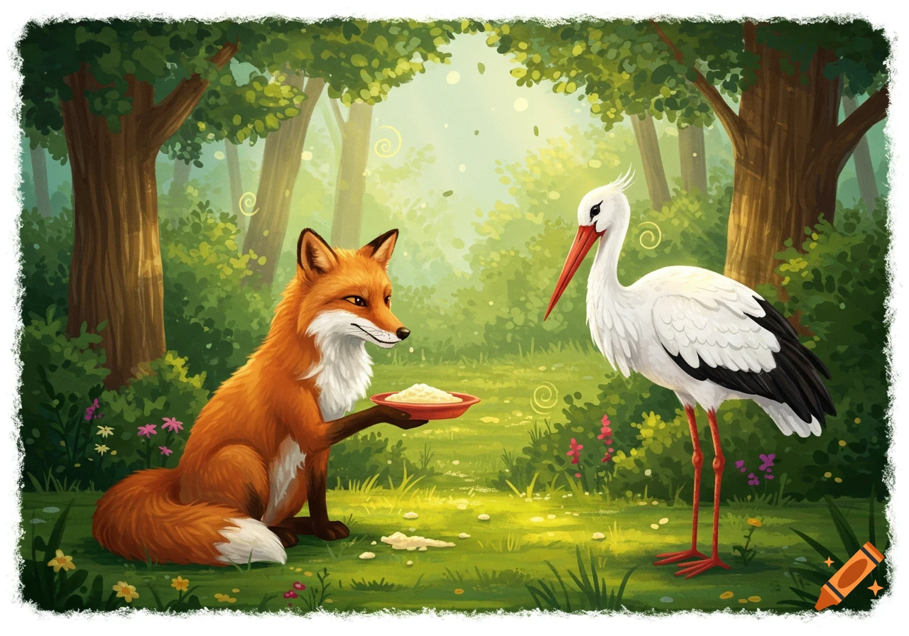 A cartoon illustration of a fox offering porridge in a red bowl to a stork in a vibrant green forest.