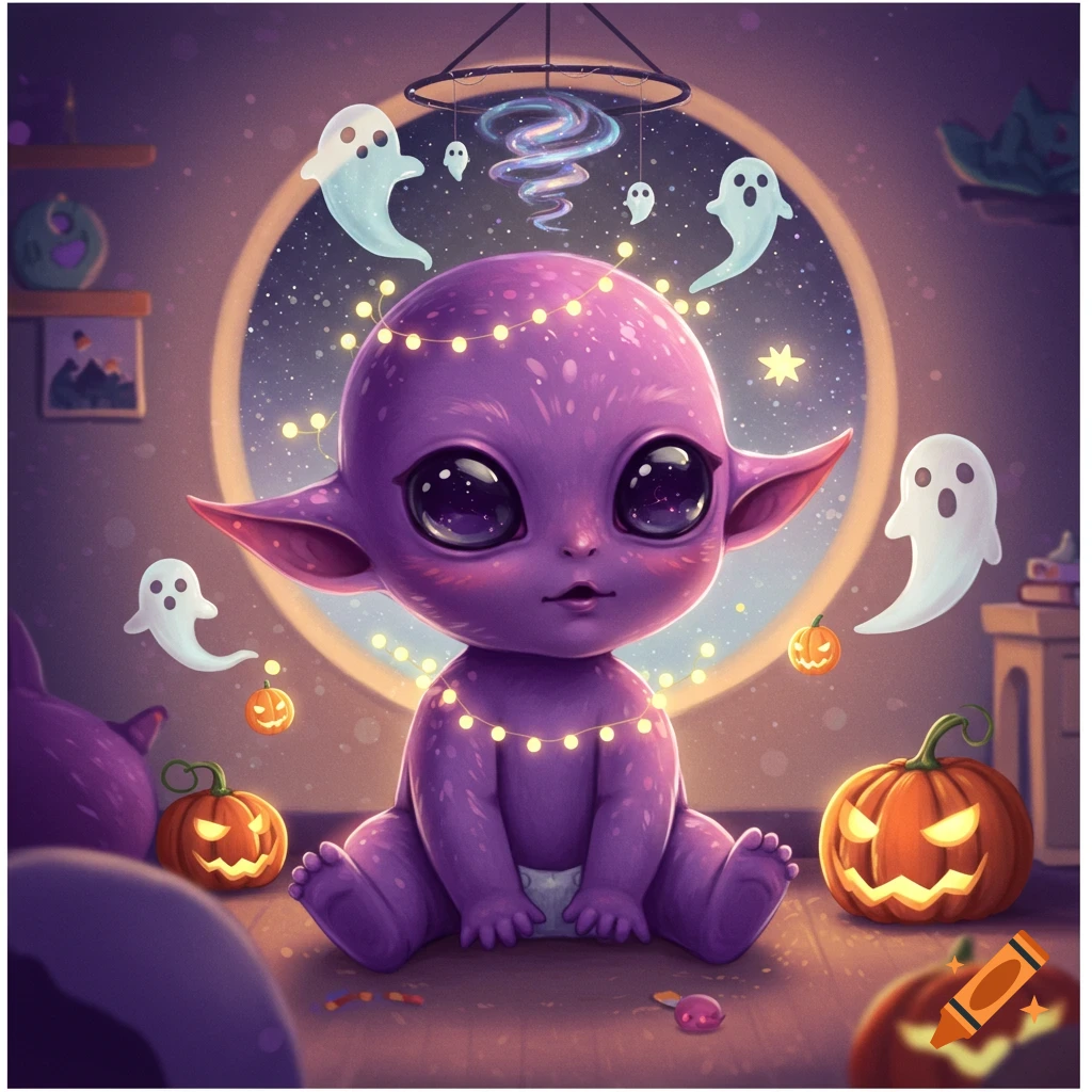 Cute purple alien baby sits in a whimsical Halloween setting with glowing pumpkins, floating ghosts, and string lights.