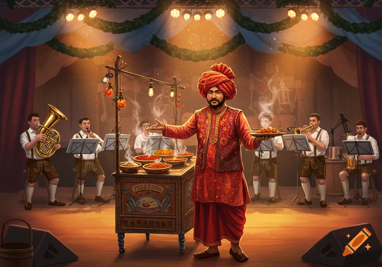 An Indian street food vendor in traditional attire presents dishes on stage with a band at a festive event.