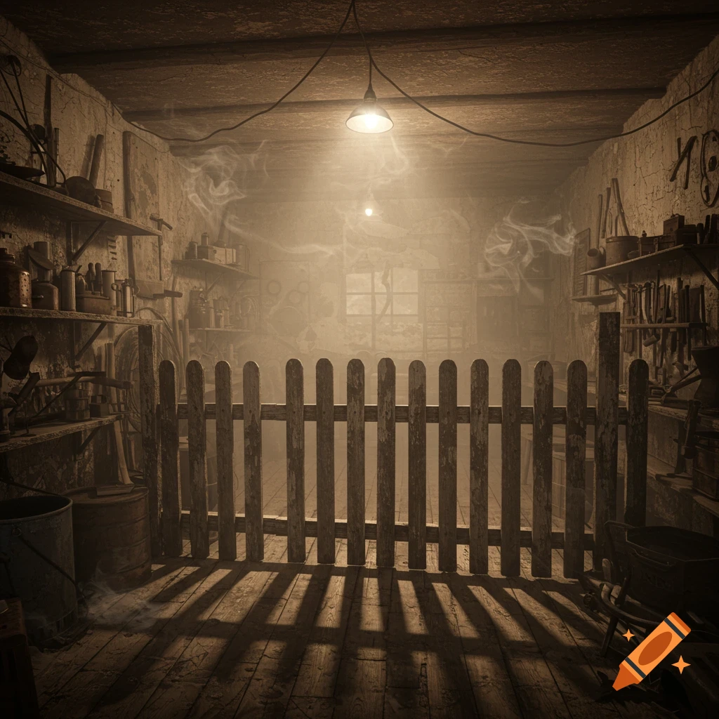 A dingy, smoke-filled old workshop with shelves of tools, a wooden fence, and light from a window.