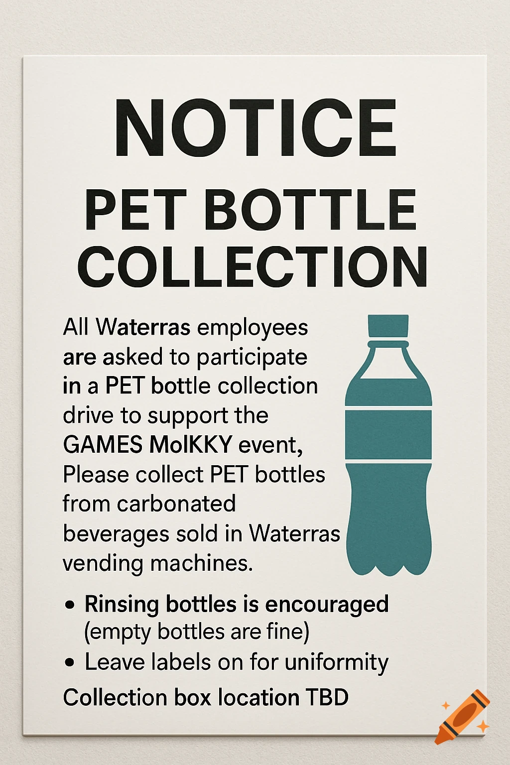 A white notice poster for a PET bottle collection drive, featuring black text and a teal silhouette of a PET bottle.