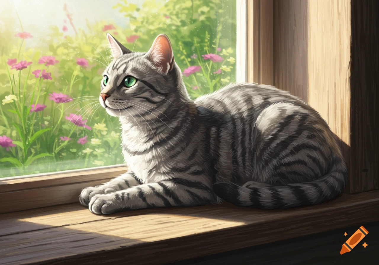 A stylized illustration of a gray tabby cat lying on a sunny wooden windowsill, looking out at a vibrant garden with pink flowers.