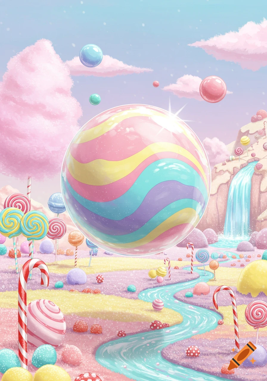 A vibrant, pastel-colored fantasy candy land with a large striped gumball, lollipops, candy canes, and a candy waterfall.