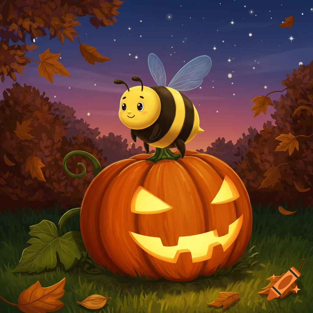 A cute cartoon bee sits atop a glowing jack-o-lantern on an autumn night with falling leaves and a starry sky.