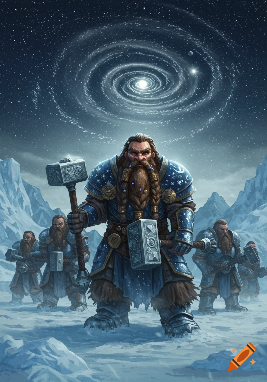 A group of burly dwarves in blue and gold armor, holding war hammers, stand in a snowy landscape under a swirling cosmic sky.