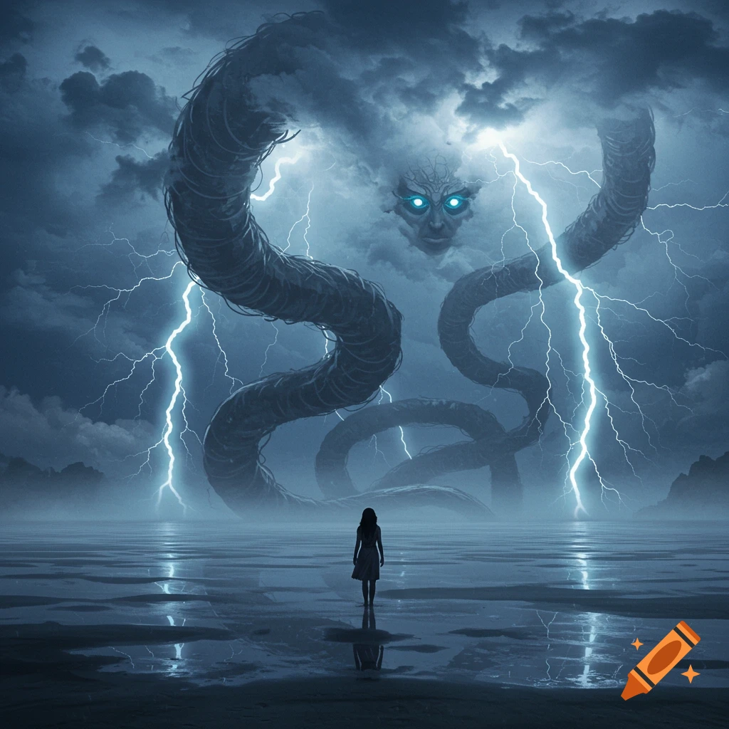 A lone figure stands on reflective water, facing a colossal storm creature with glowing eyes and serpentine tentacles amidst lightning.