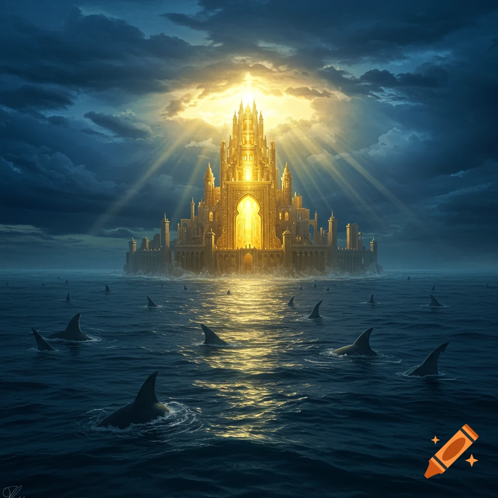 A golden, glowing fortress stands in a stormy ocean under a dramatic sky with sun rays, encircled by shark fins.