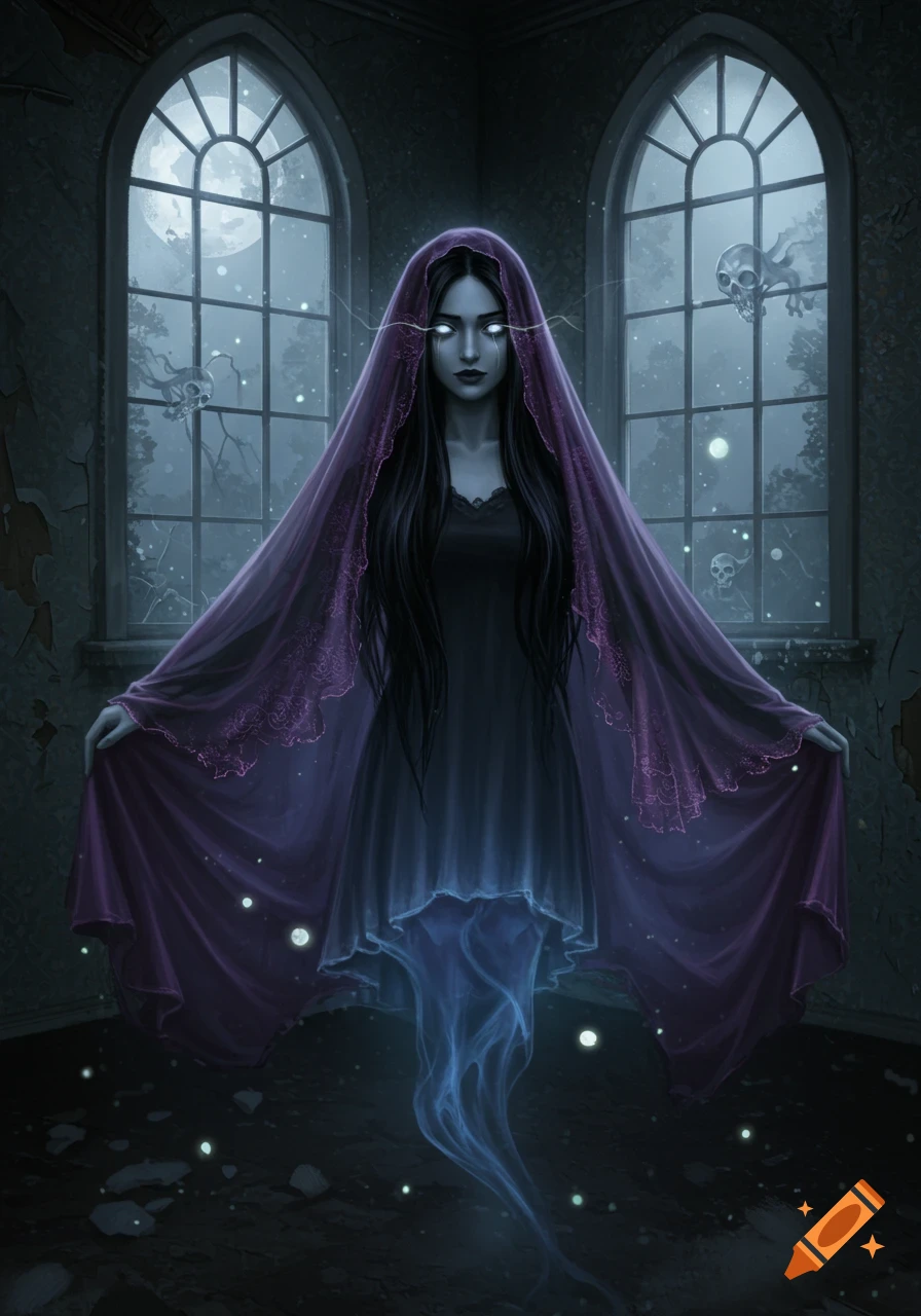 A spectral ghost girl with glowing eyes and a purple veil stands in a dark gothic room with arched windows and skulls outside.