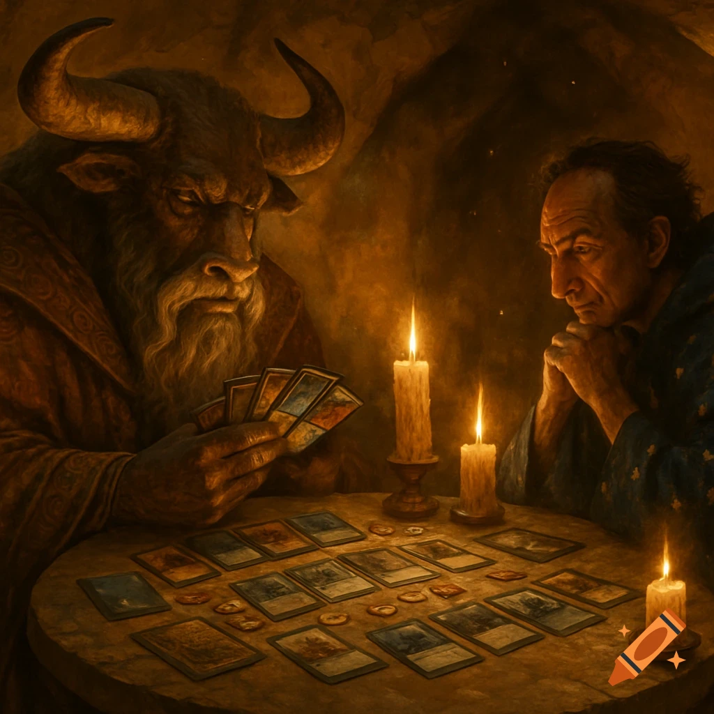A minotaur and a human play a card game by candlelight in a dark, atmospheric setting.