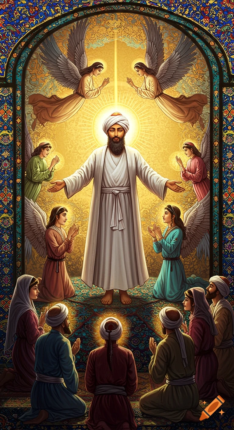 A spiritual stained-glass depiction of Zoroaster with outstretched arms, radiating light, surrounded by praying angels and worshippers in a Persian art style.