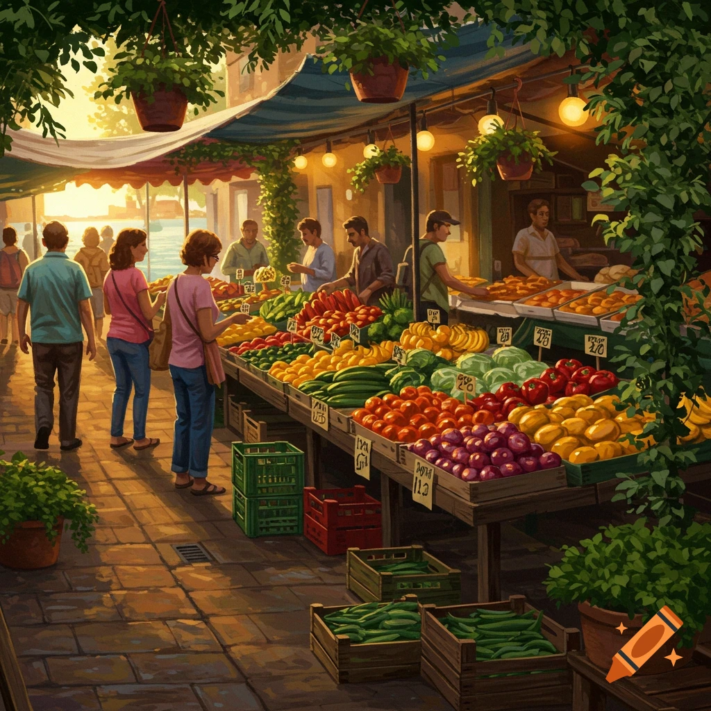 A vibrant illustration of a busy outdoor fruit and vegetable market at sunset, with shoppers browsing colorful produce stalls.