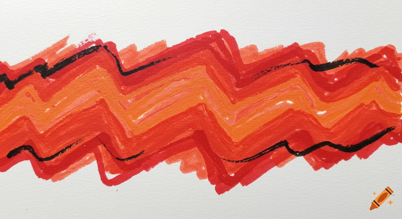 Hand-drawn abstract zigzag pattern in vibrant red and orange, with black accents, on textured white paper.