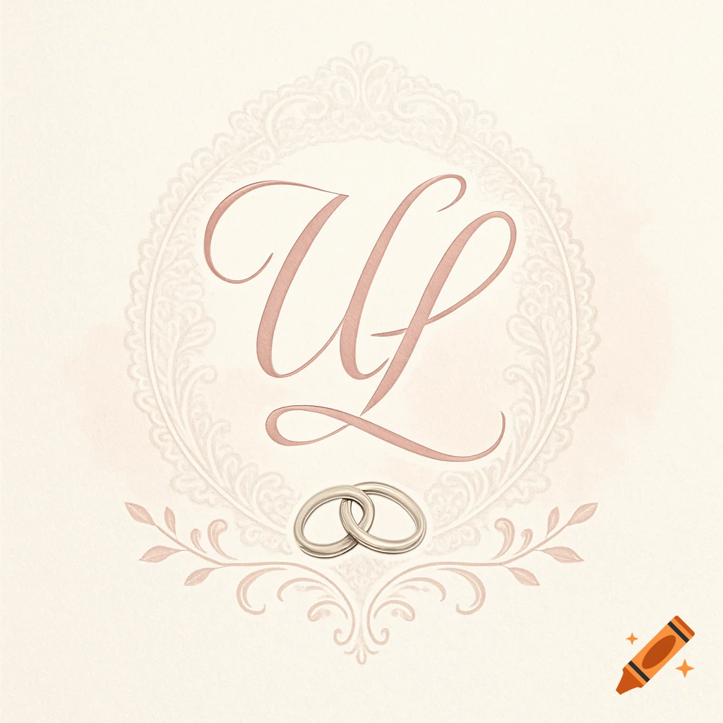 Elegant wedding logo with intertwined pink cursive initials 'UL' inside a delicate lace-like frame, above two silver wedding rings.