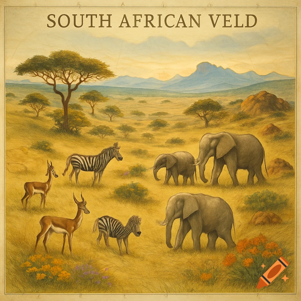 Illustration of a South African veld with elephants, zebras, and antelopes roaming a golden savanna under a blue sky.