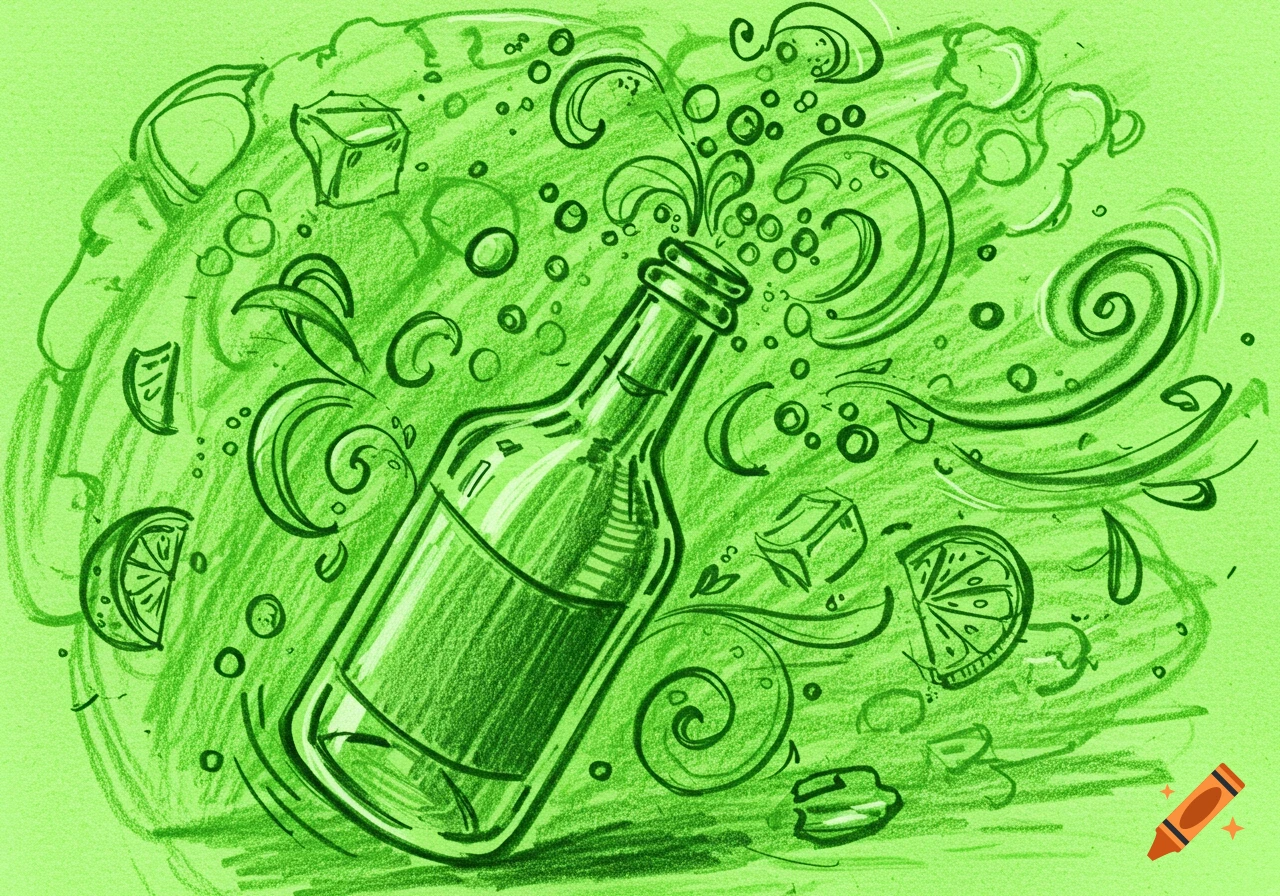 Green crayon drawing of a fizzing beverage bottle with ice cubes, citrus slices, and swirling bubbles.
