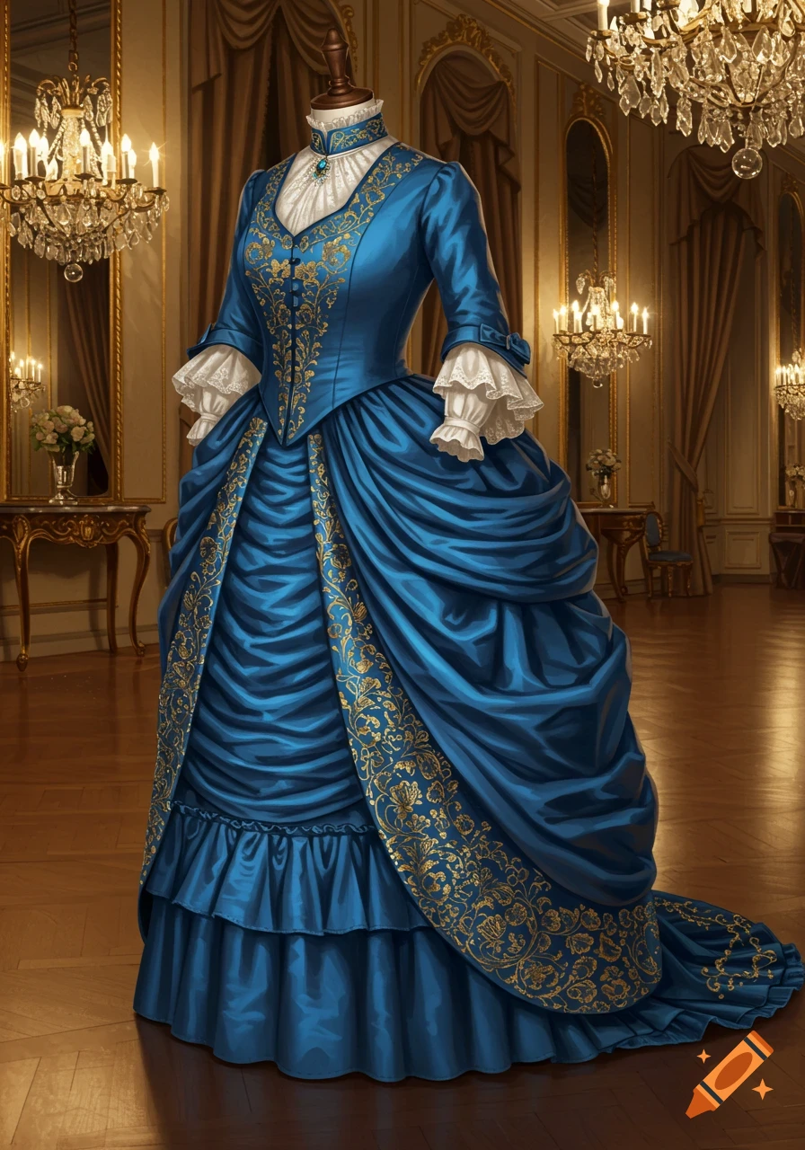 A richly detailed blue and gold 1880s bustle dress on a mannequin, set in an opulent ballroom.