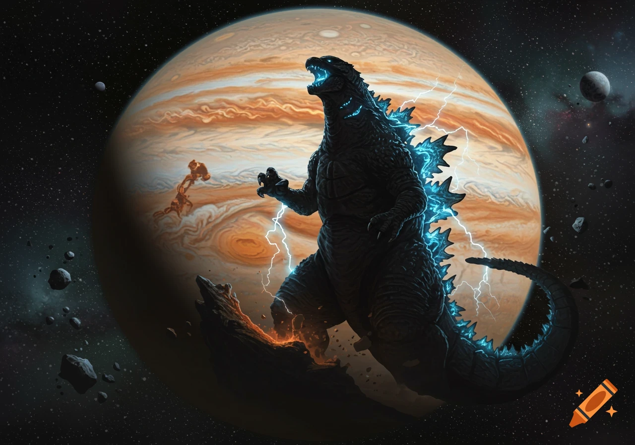 Godzilla roars menacingly in space, standing on a floating rock with Jupiter looming large in the background. Blue energy glows on its back.