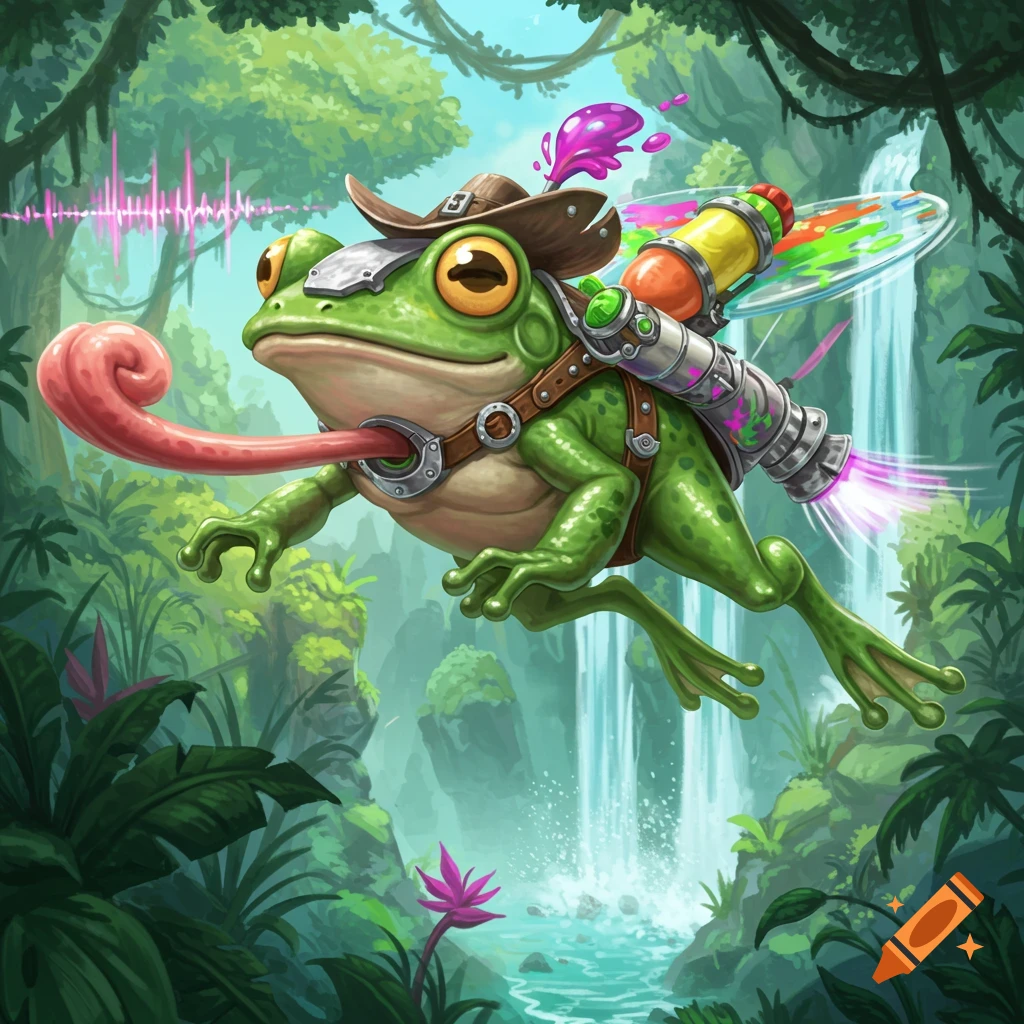 A cartoon frog with a cowboy hat and jetpack-like water sprayer flies through a lush jungle with a waterfall.