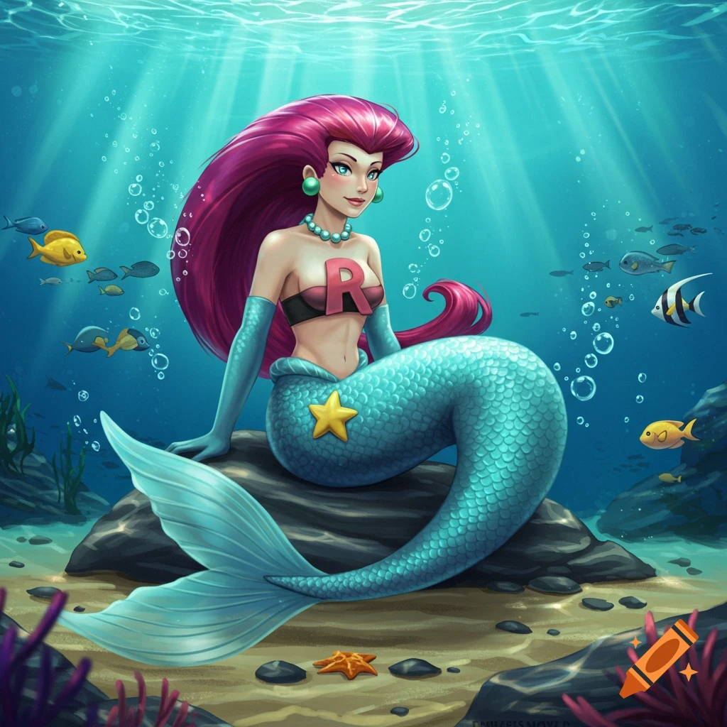Jessie from Pokemon as a mermaid, sitting underwater on a rock. She has magenta hair, a pink 'R' symbol bra, and an aqua-blue tail with a yellow star.