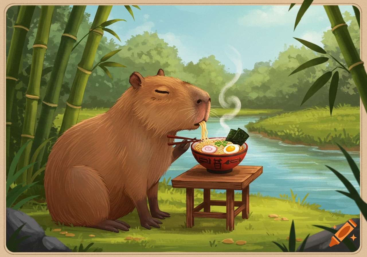A whimsical illustration of a capybara eating ramen with chopsticks by a river in a bamboo forest.