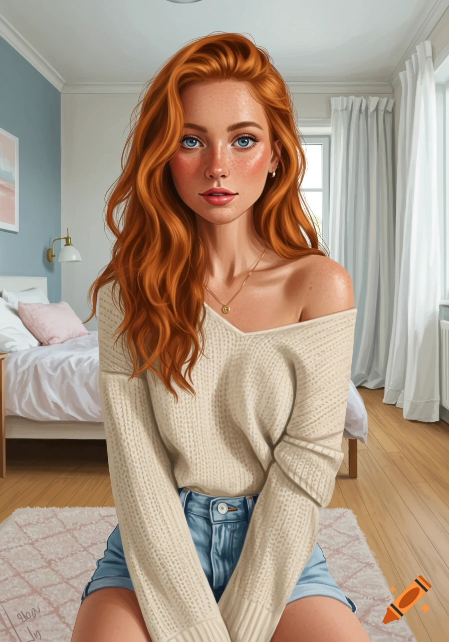 An illustrated red-haired woman with freckles sits on a bedroom floor, wearing an off-shoulder cream sweater and denim shorts.