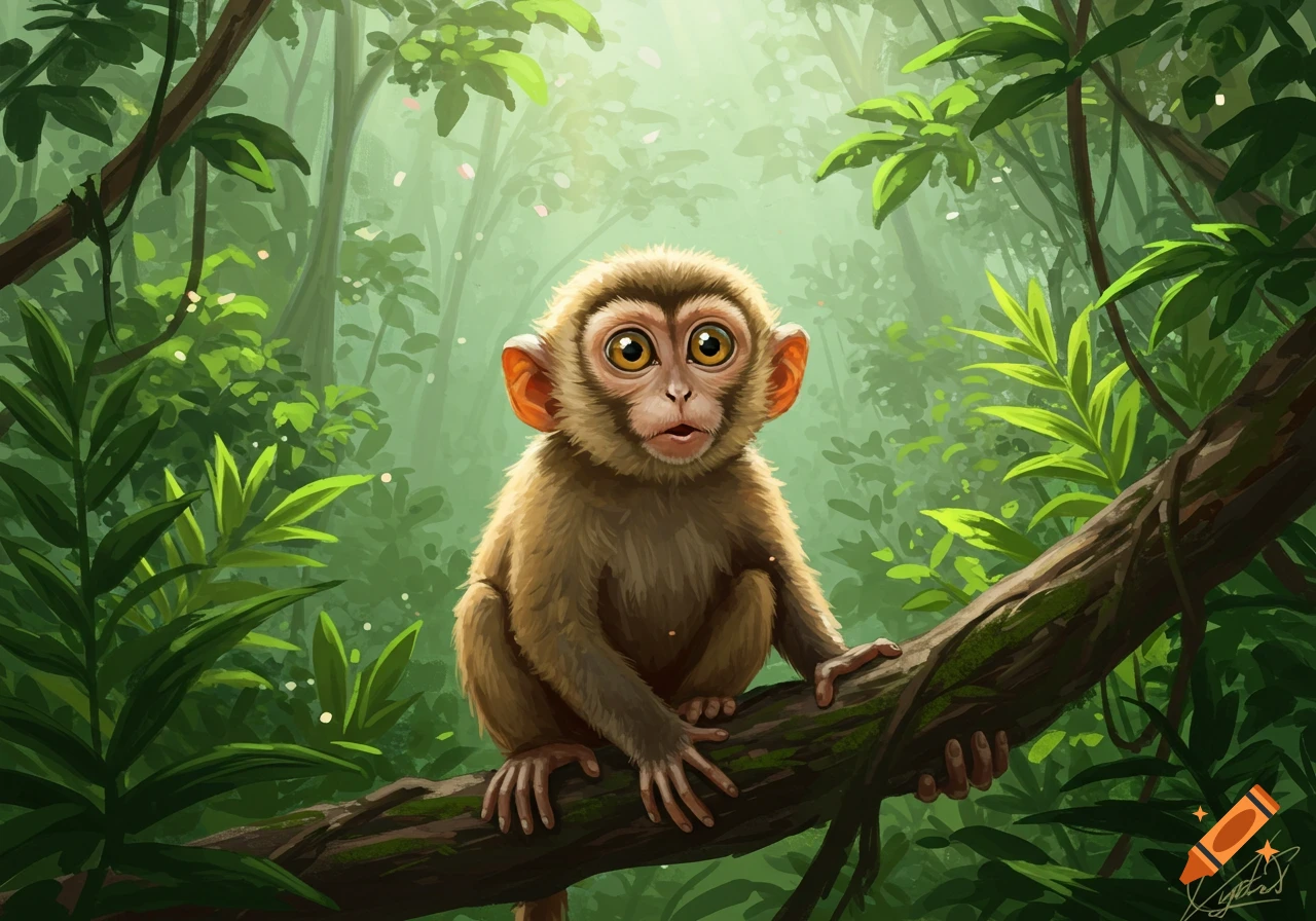 Cartoon illustration of a wide-eyed baby monkey sitting on a mossy jungle branch surrounded by green foliage.