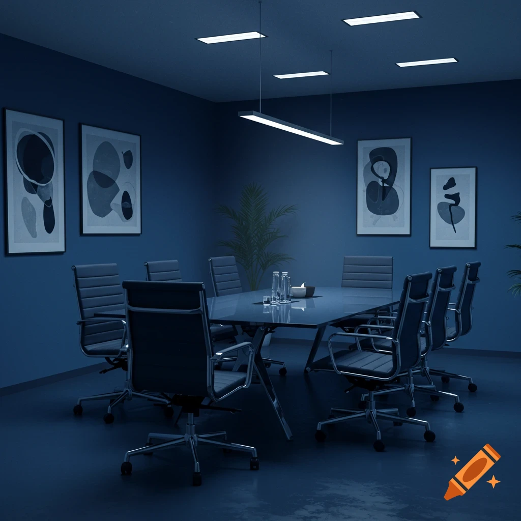A dark blue conference room with a long table, executive chairs, abstract art on the walls, and illuminated ceiling lights.