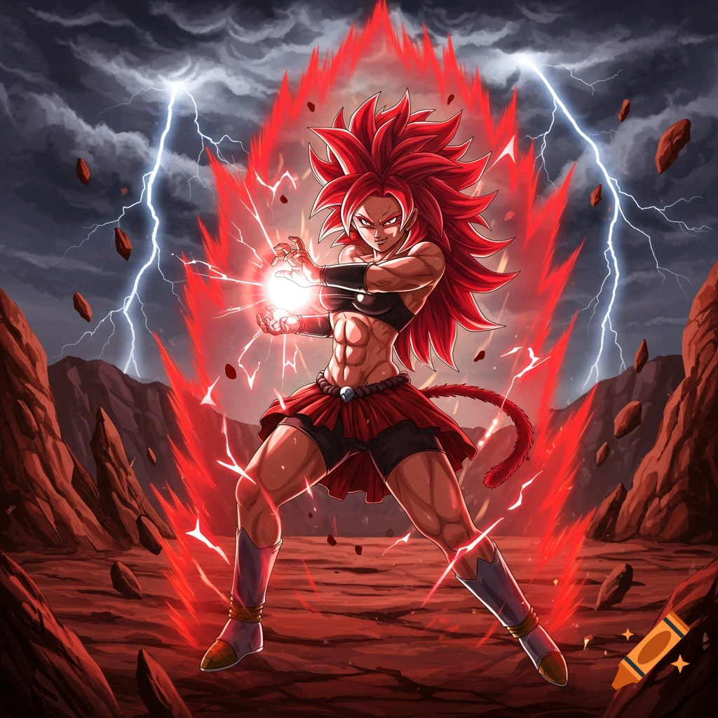Powerful female Super Saiyan with red spiky hair charges energy amidst lightning and red aura in a rocky landscape.