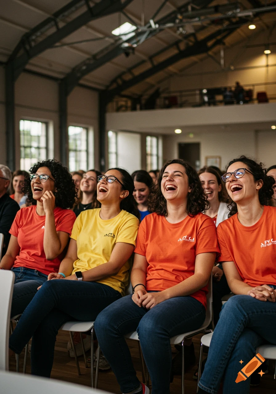 Four women with glasses and curly hair sit in a hall, wearing t-shirts, laughing heartily while looking upwards.