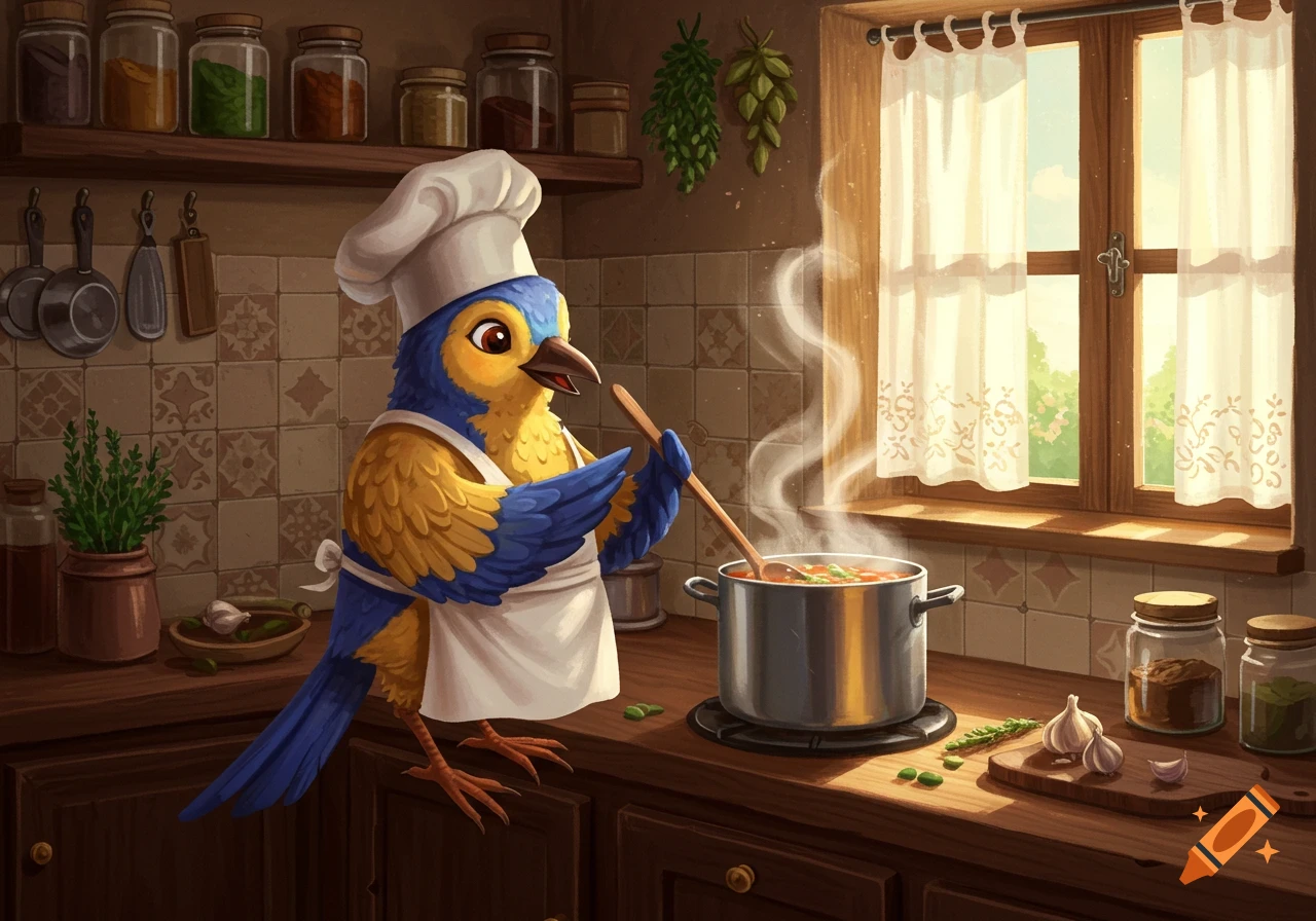 A cartoon blue and yellow bird, wearing a chef's hat and apron, stirs soup in a pot in a rustic kitchen.