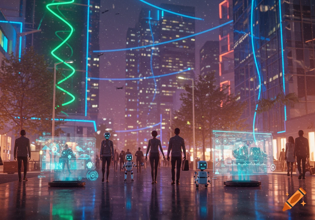 A futuristic city street at night with people, robots, and glowing holographic displays showing data.