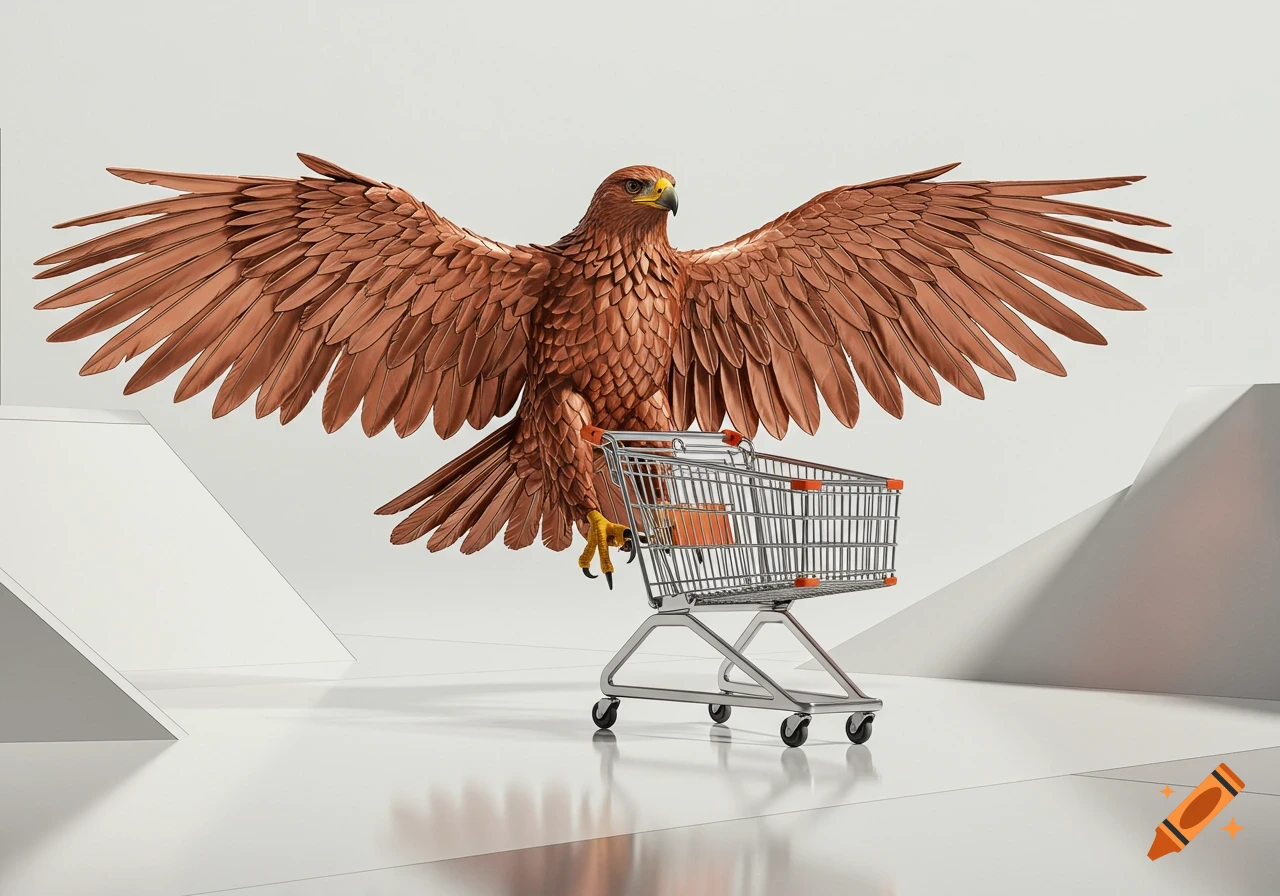 A stylized brown eagle with outstretched wings pushes a silver shopping cart on a minimalist white background.